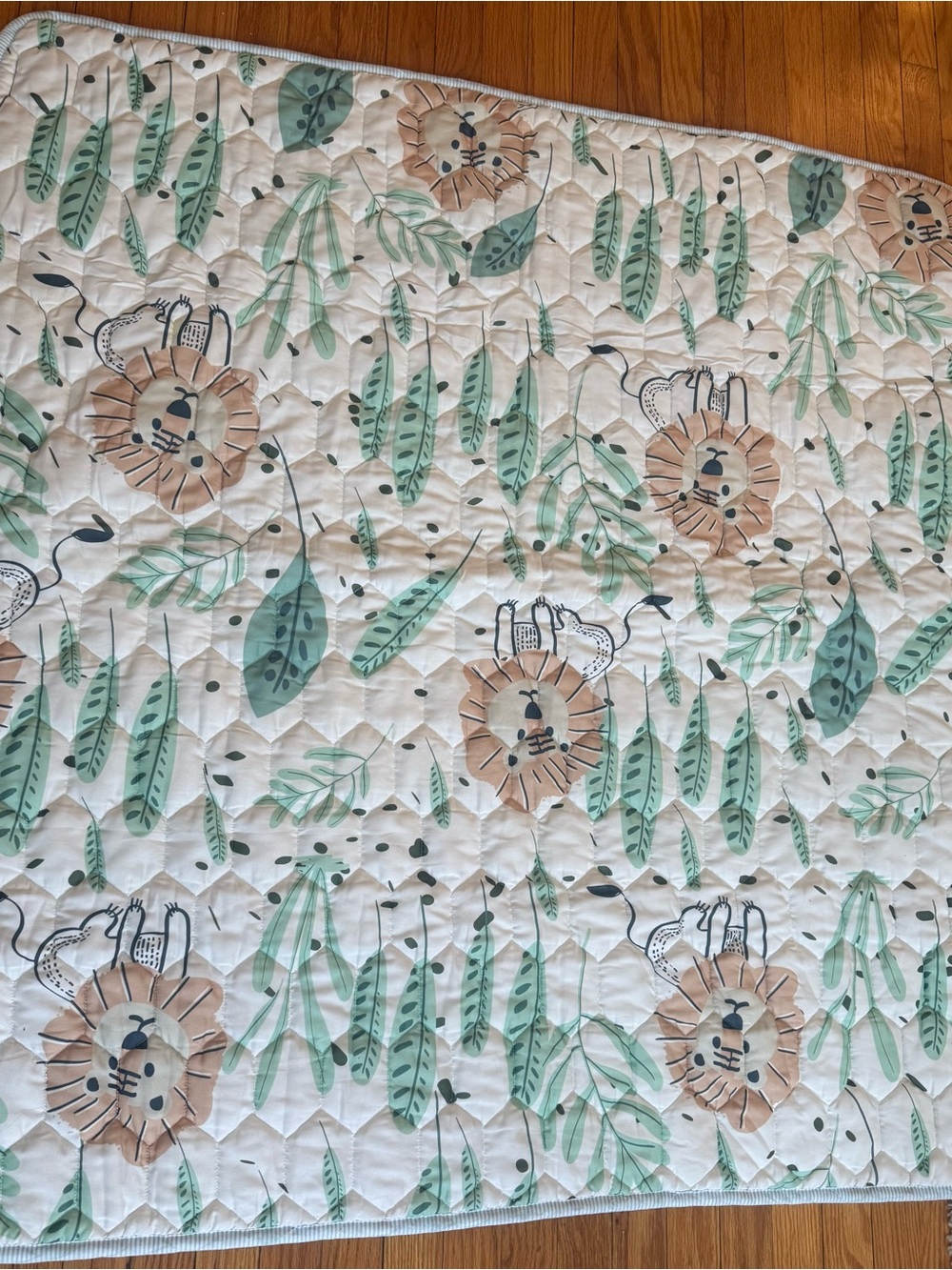 Whimsical Lion Print Quilted Crib/Play Mat - Green & Tan